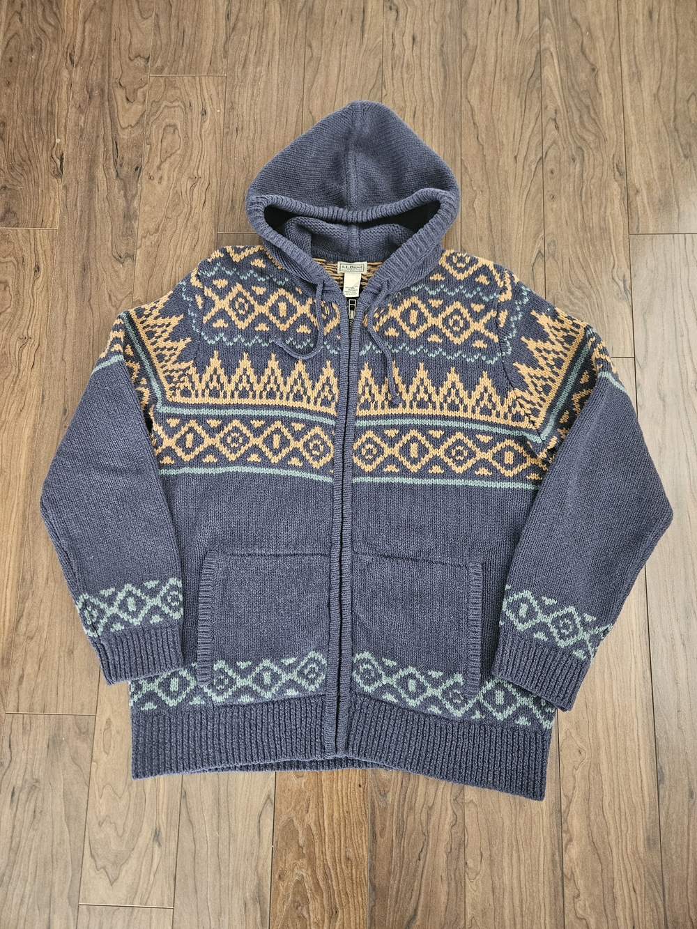 LL Bean Lambswool Hooded Sweater Extra Large Hooded Fair Isle Full Zip